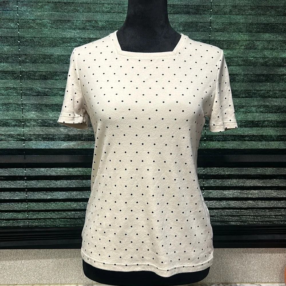 Croft & Barrow Women Cream/Black Polka Dots Square Neck Cotton SS T-Shirt Small